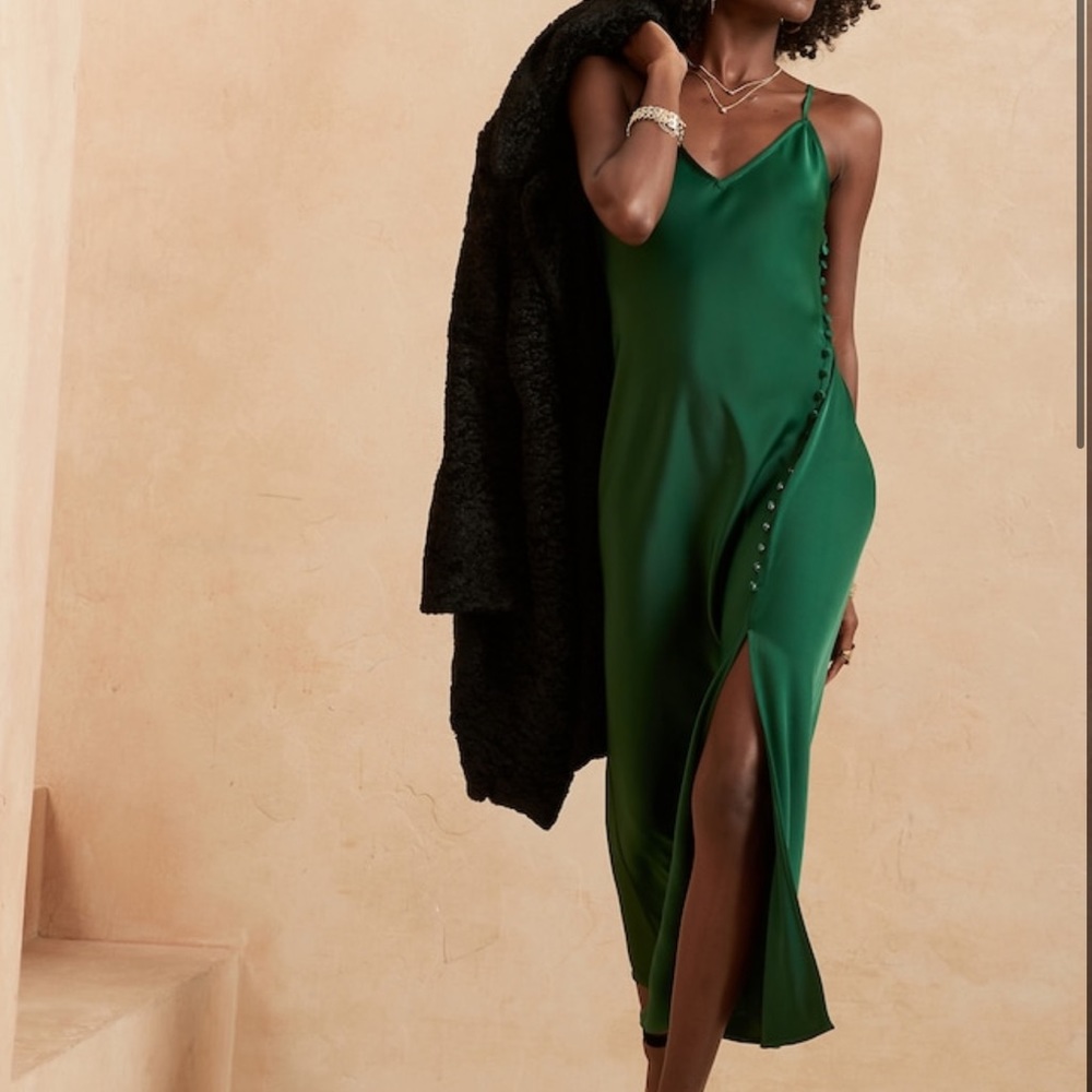 Satin midi slip dress with button side detail